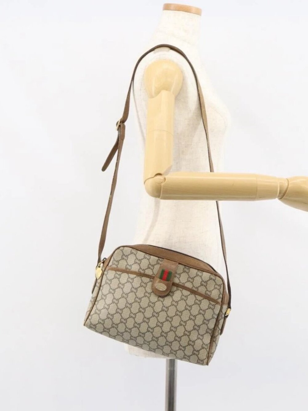 GUCCI GG Plus Supreme Web Sherry Line Shoulder Bag PVC Beige Gold Auth 159949